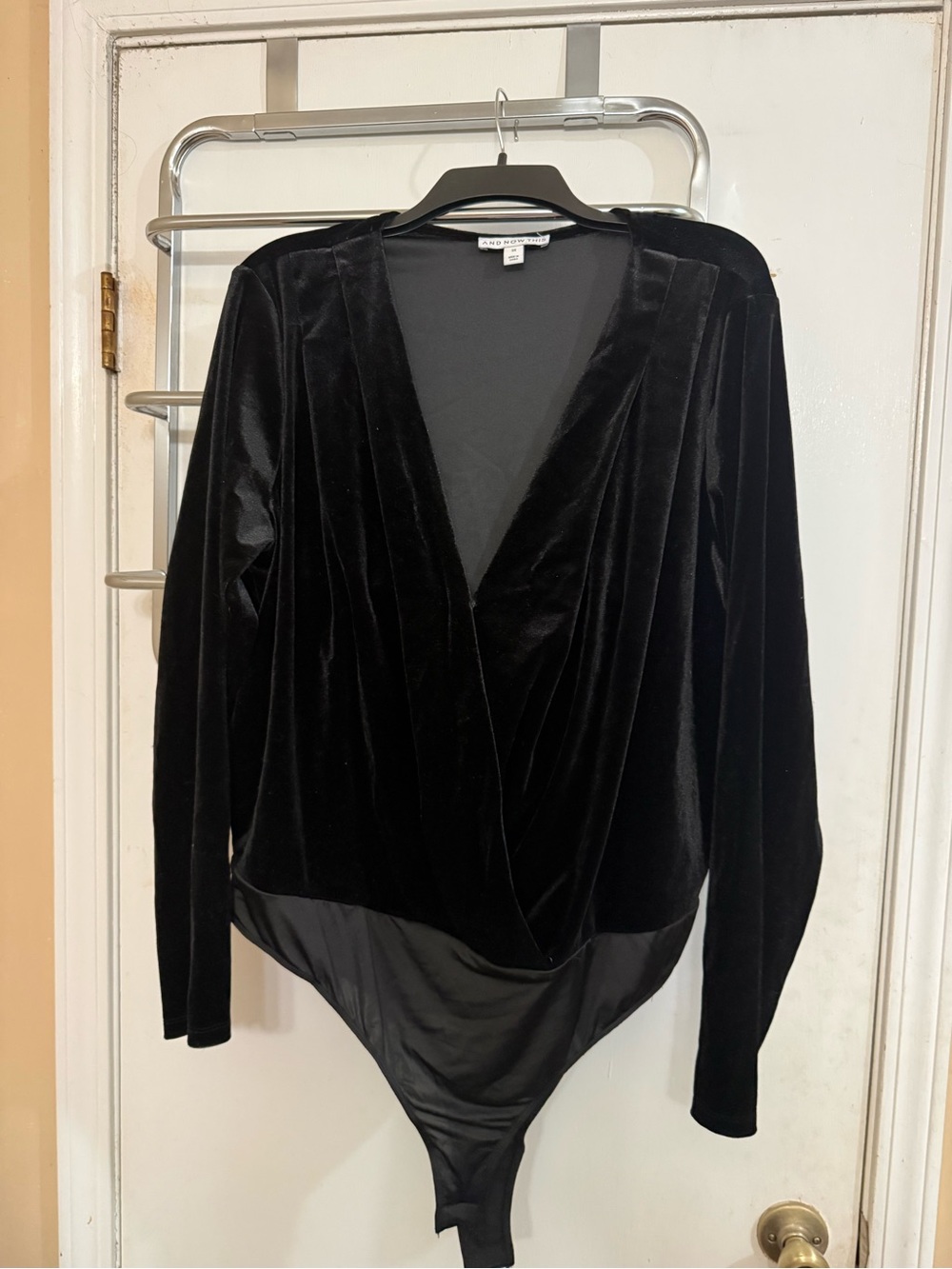 Velvet Faux-Wrap Black Bodysuit -